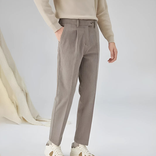 Men's straight-leg corduroy trousers in beige, black, and brown gray colours showing mid-waist and loose fit