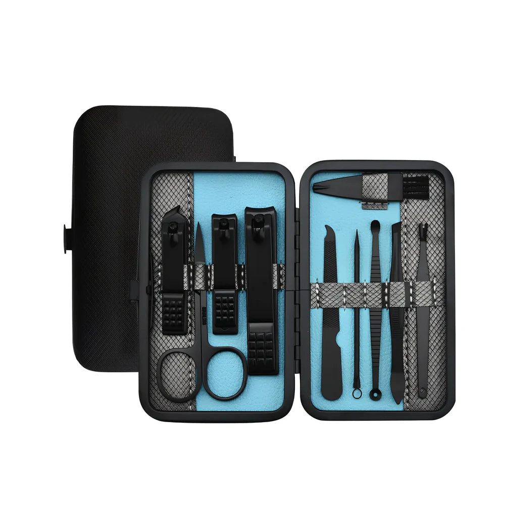 Beauty manicure nail care kit with stainless steel tools in red PU leather case weighing 397g