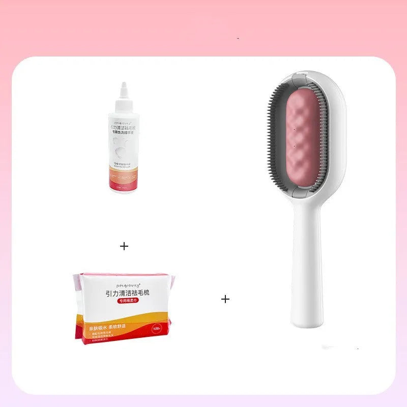 Large blue silicone-bristle dog comb with a bottle of cleansing essence