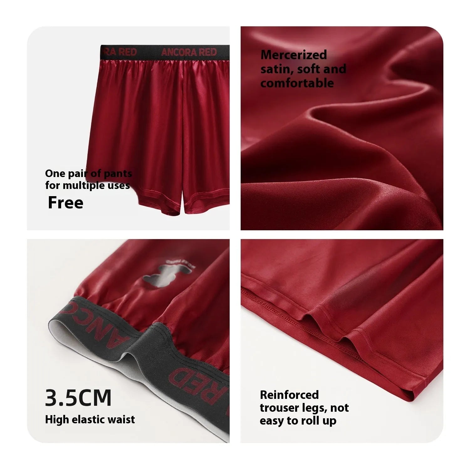 Solid colour men's polyester boxer briefs on a mid-waist, shown in black, red, blue, silver, purple, and brown.