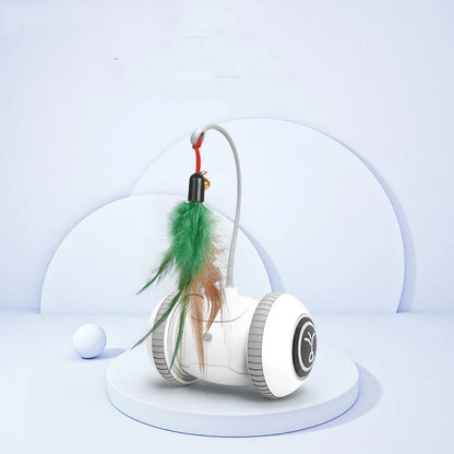 Interactive robotic cat toy with feather and plush chick heads for endless feline entertainment