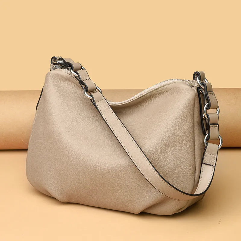 Genuine leather women's crossbody shoulder bag 30x8x21cm in apricot, black, or gray with double strap