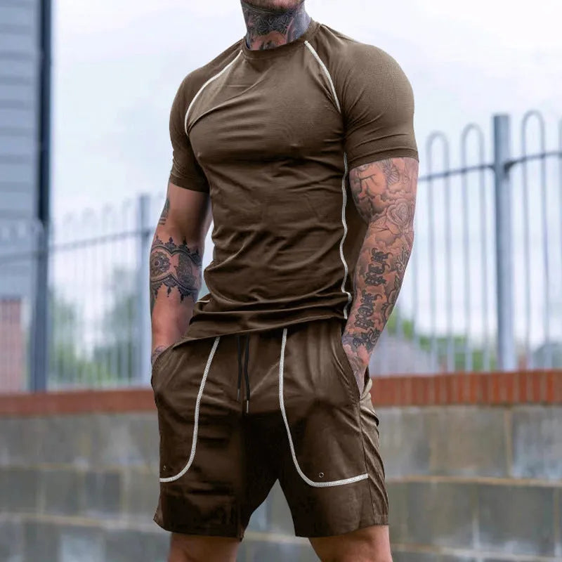 Men's running fitness suit with short sleeve T-shirt and shorts in black polyester, sizes S to XXXL
