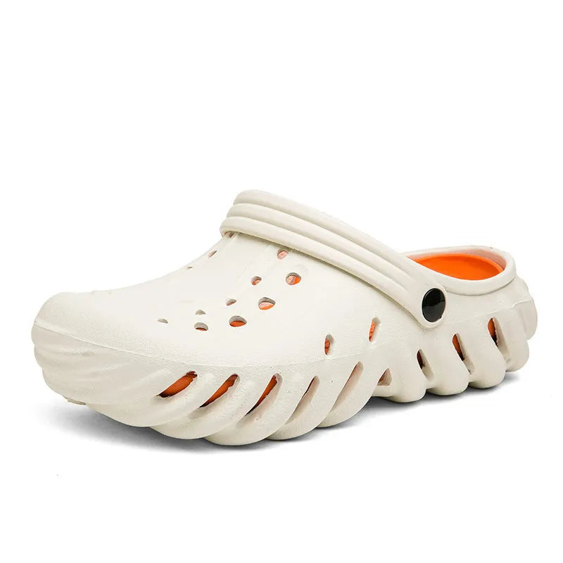 Men's beige slipper sandals with hollow-out design and textured non-slip sole, side view.