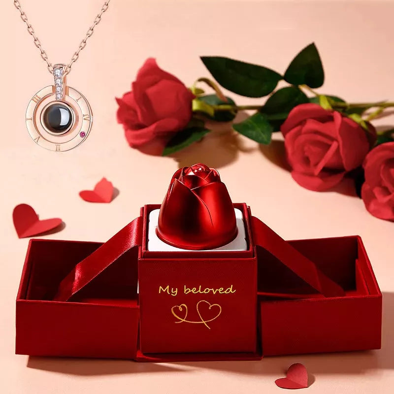 Valentine's Day metal rose jewelry gift box necklace with adjustable crystal design
