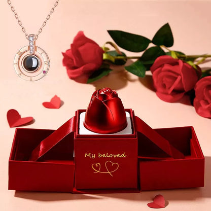 Valentine's Day metal rose jewelry gift box necklace with adjustable crystal design