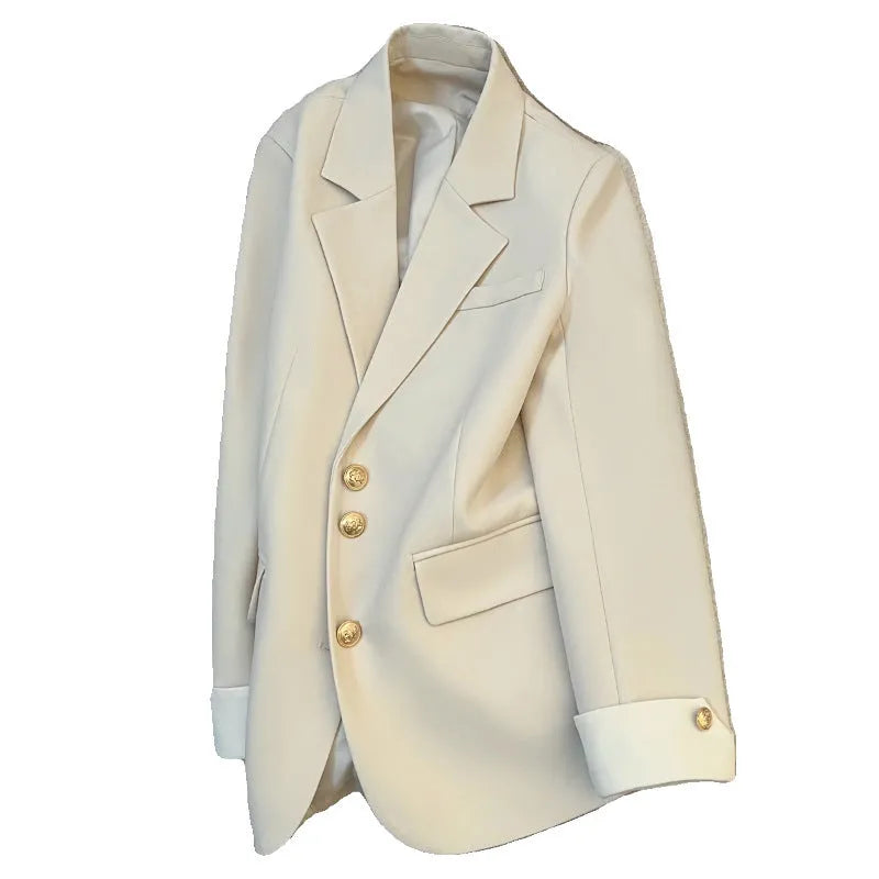 Milky white loose fit Korean-style women's coat with long sleeves and pockets.