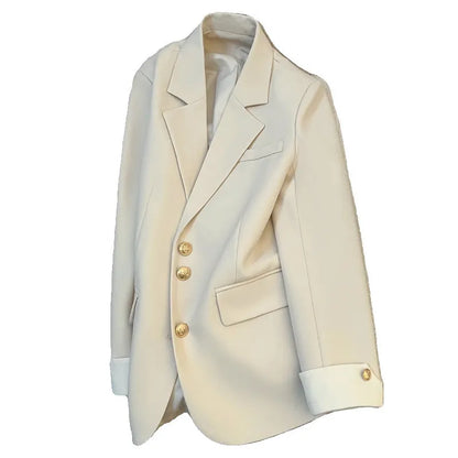 Milky white loose fit Korean-style women's coat with long sleeves and pockets.