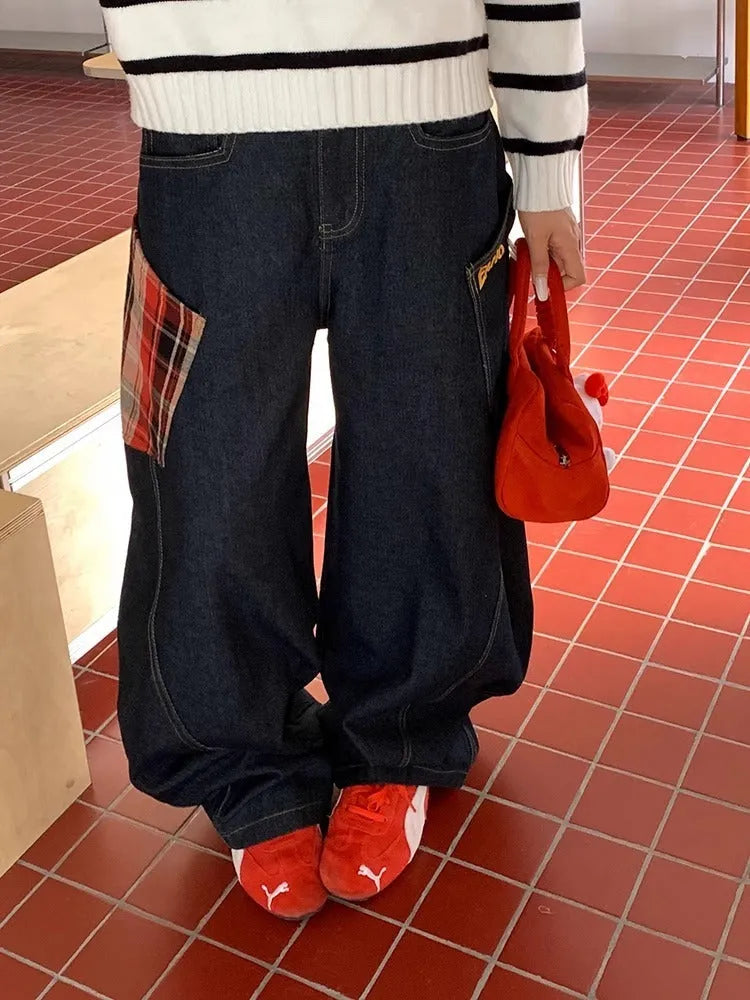 Loose straight-leg trousers in coffee plaid pattern with mid waist design
