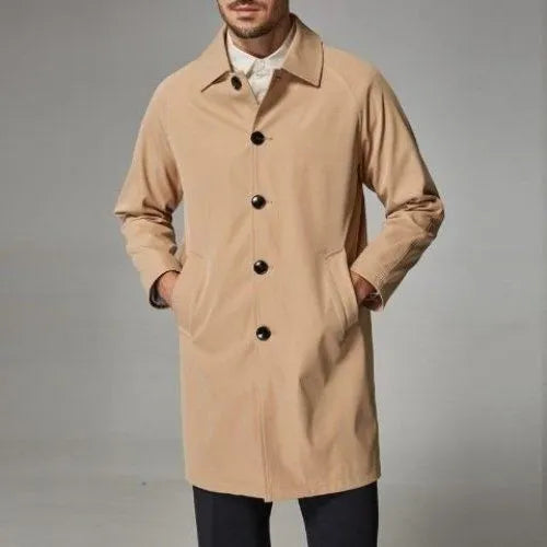 Men's khaki loose fit mid-length rabbit fur trench coat on hanger