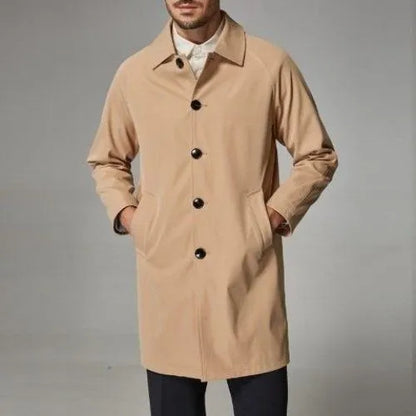 Men's khaki loose fit mid-length rabbit fur trench coat on hanger