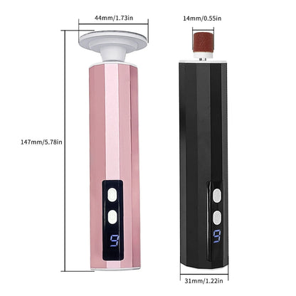 USB-powered electric callus remover and foot file device with grinding pads, in black, pink, or purple, presented in a gift box.