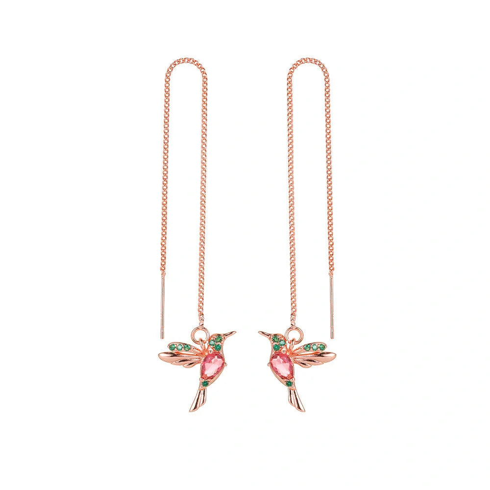 Hummingbird drop earrings with crystal pendant in rose gold, imitation gold, and anti-gold colors