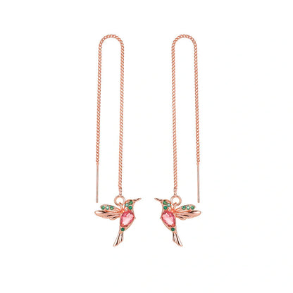 Hummingbird drop earrings with crystal pendant in rose gold, imitation gold, and anti-gold colors