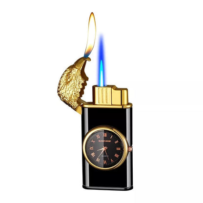 Eagle Head Double Fire Gas Lighter with watch plate design in Black Ice finish