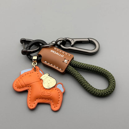 Handmade cowhide car key ring pendant with zinc alloy pony belt buckle and flanelle rope in nine colour options