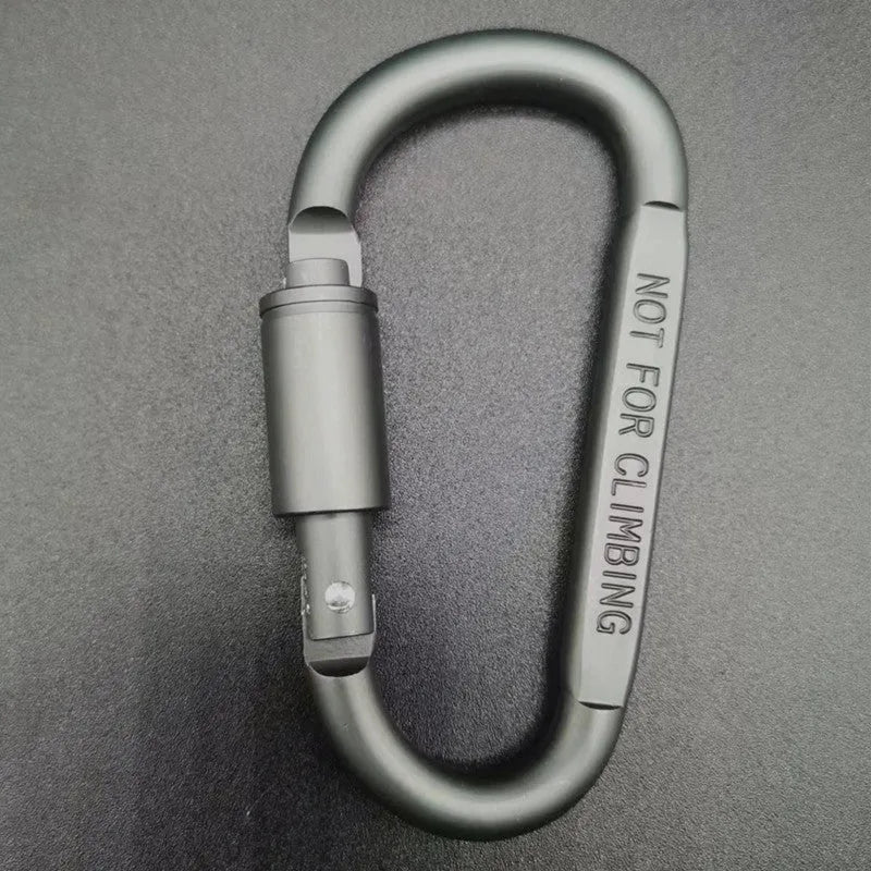 D-type aluminium climbing carabiner with screw-lock gate in bright black colour, 8cm flat design