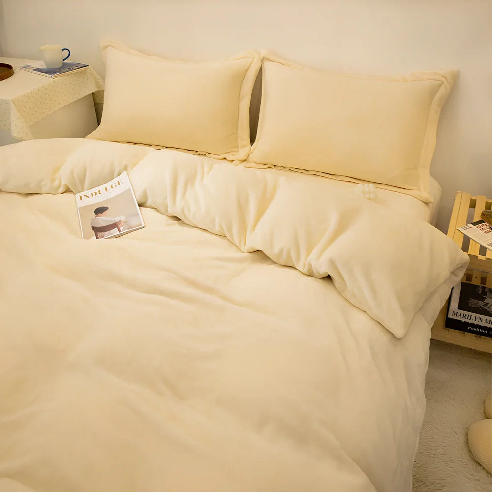 Double-sided fleece duvet cover showing goose yellow and light grey reversible sides