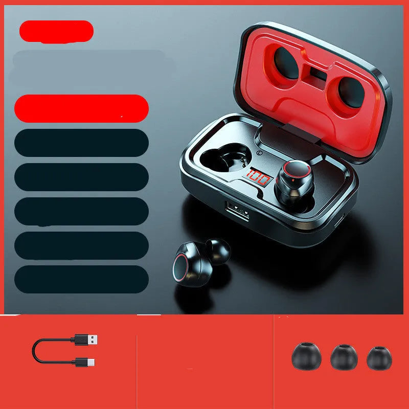 Wireless in-ear earphones with private mould design in black, blue, and red colour options showing Bluetooth connectivity