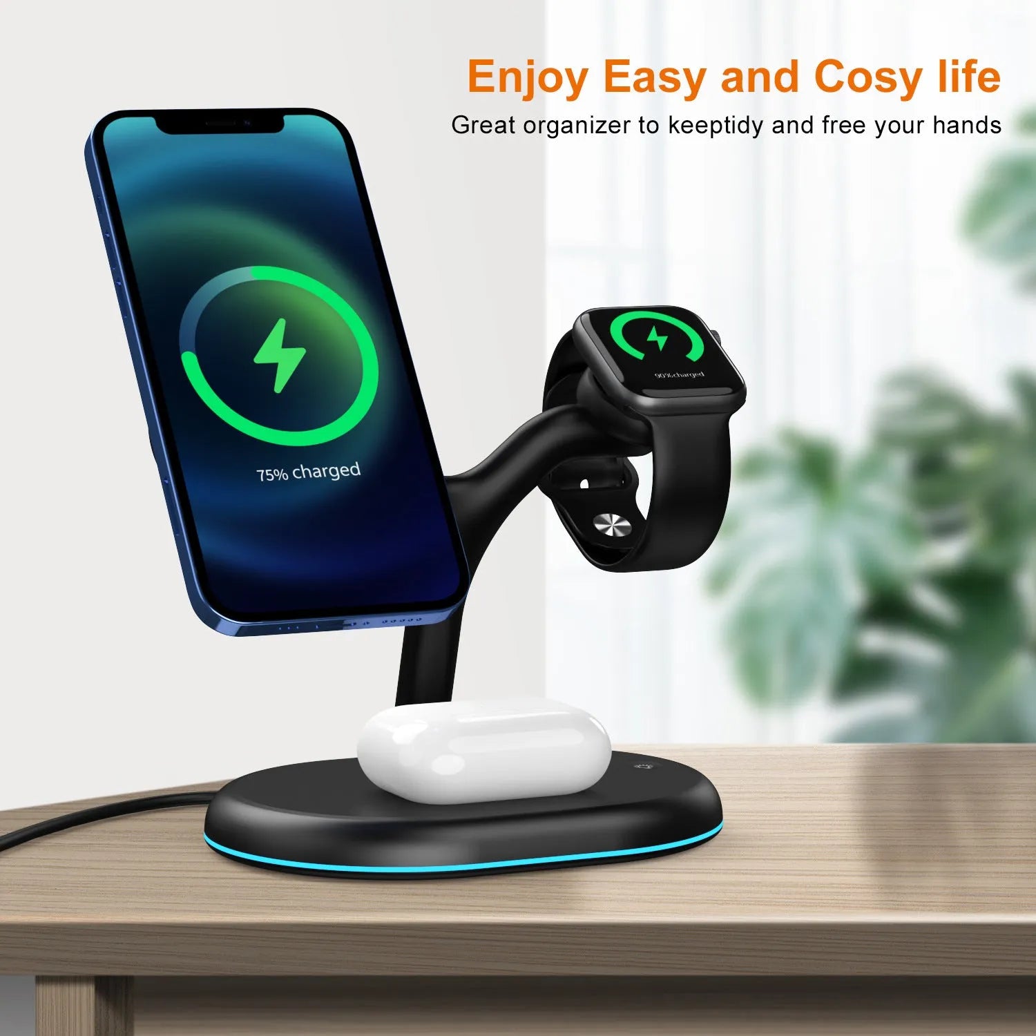 Black three-in-one magnetic wireless charger charging three devices simultaneously on wooden surface