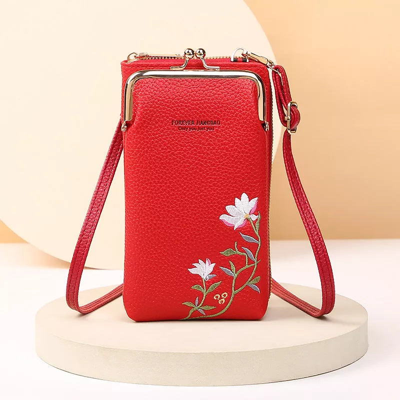 Flower embroidery phone bag with lock buckle in multiple colors
