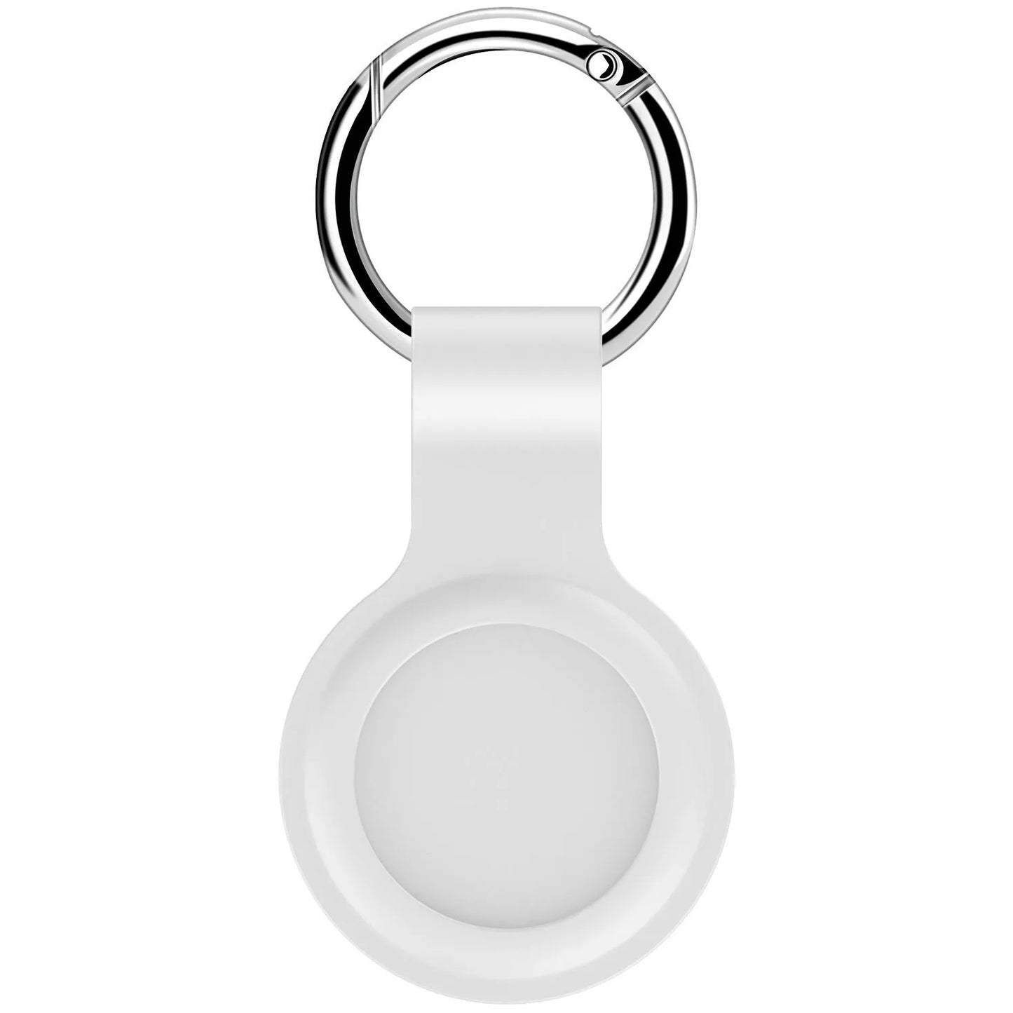 Black waterproof silicone Airtag protective case with metal keychain clip, shown next to colour options.