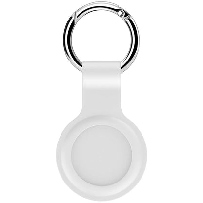 Black waterproof silicone Airtag protective case with metal keychain clip, shown next to colour options.
