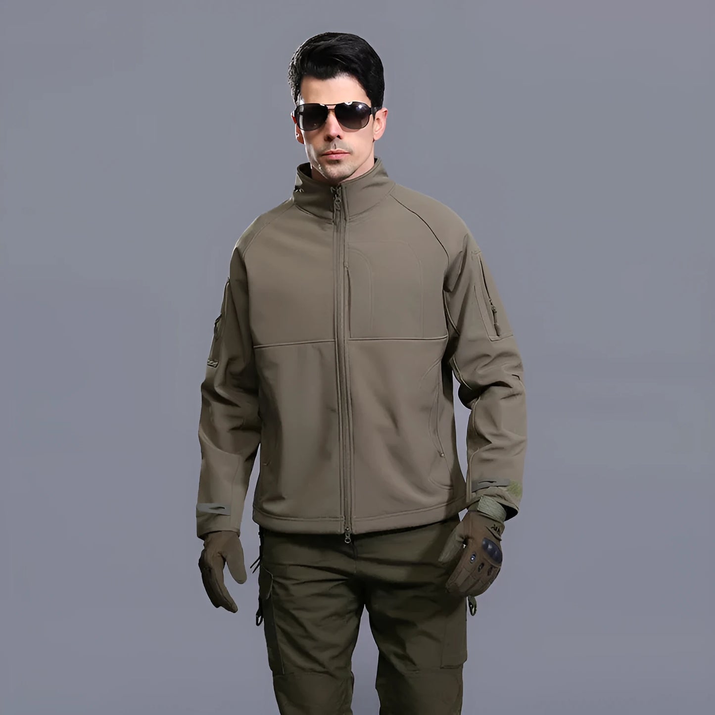 Men's thin commander stand collar outdoor jacket in green camouflage, shown unzipped.