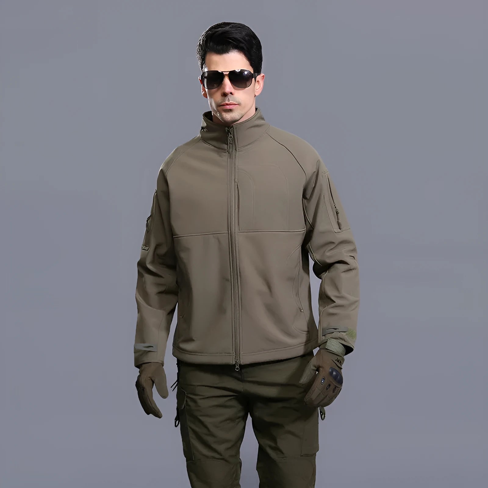 Men's thin commander stand collar outdoor jacket in green camouflage, shown unzipped.