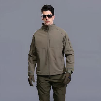 Men's thin commander stand collar outdoor jacket in green camouflage, shown unzipped.