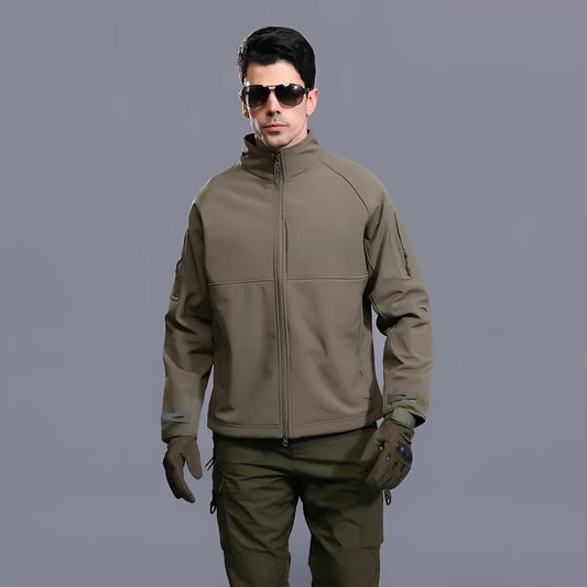 Men's thin commander stand collar outdoor jacket in green camouflage, shown unzipped.