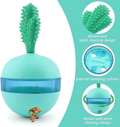 Blue interactive dog toy with tumbler design and treat dispensing holes, measuring 8.8cm for medium to large dogs