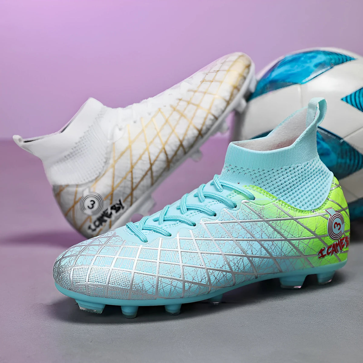 Pair of football boots with rubber studded sole, tall crown upper and front laces, for natural lawn and artificial grass