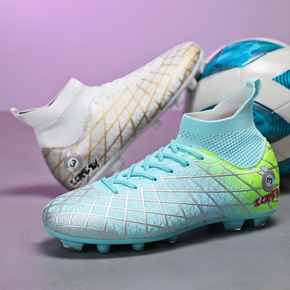 Pair of football boots with rubber studded sole, tall crown upper and front laces, for natural lawn and artificial grass