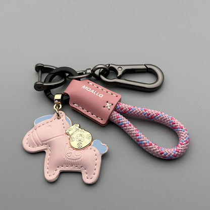 Handmade cowhide car key ring pendant with zinc alloy pony belt buckle and flanelle rope in nine colour options