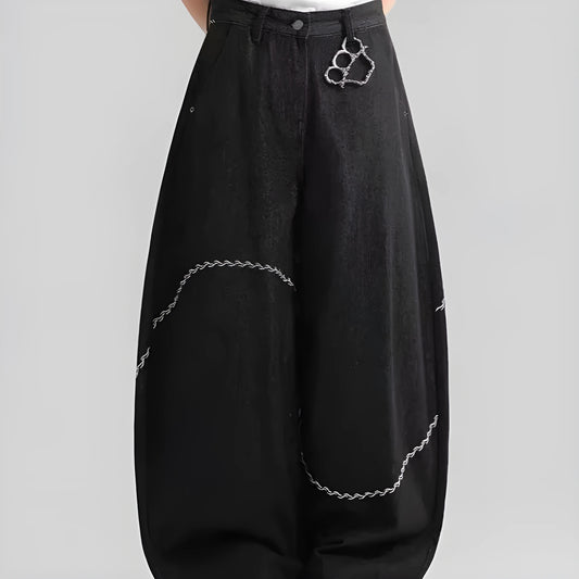 Black straight-leg polyester denim trousers with micro-elastic stretch and zip fly placket