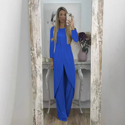 Casual black polyester two-piece lounge set with long sleeves and loose fit trousers on a hanger.