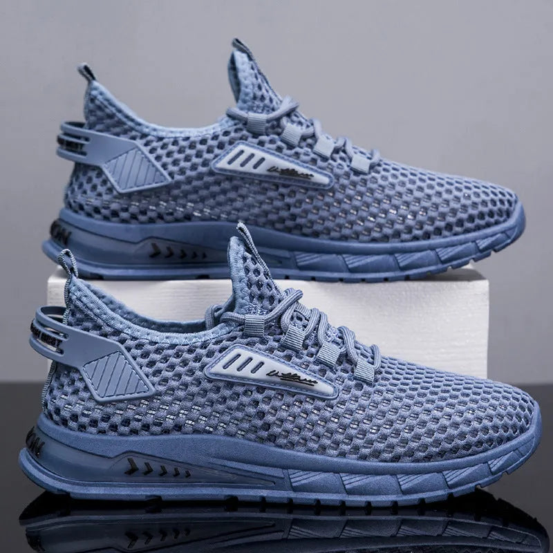 Men's beige mesh breathable sneakers with synthetic leather upper and lace-up closure