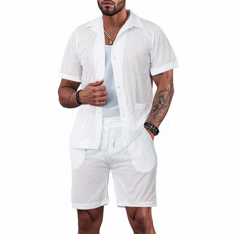 Women's lake blue see-through short sleeve cardigan and matching shorts beach cover-up set laid flat.