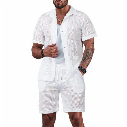 Women's lake blue see-through short sleeve cardigan and matching shorts beach cover-up set laid flat.