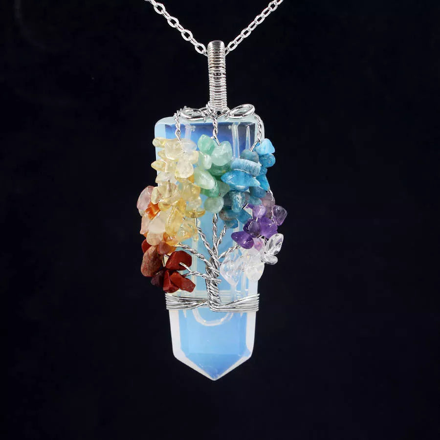 Crystal Column Tree of Life Winding Pendant Necklace in various natural crystal colors