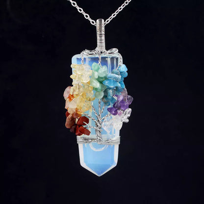 Crystal Column Tree of Life Winding Pendant Necklace in various natural crystal colors