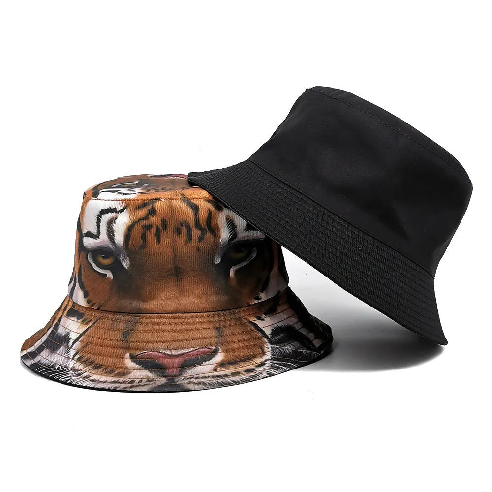 Tiger print bucket hat with dome crown on a neutral background