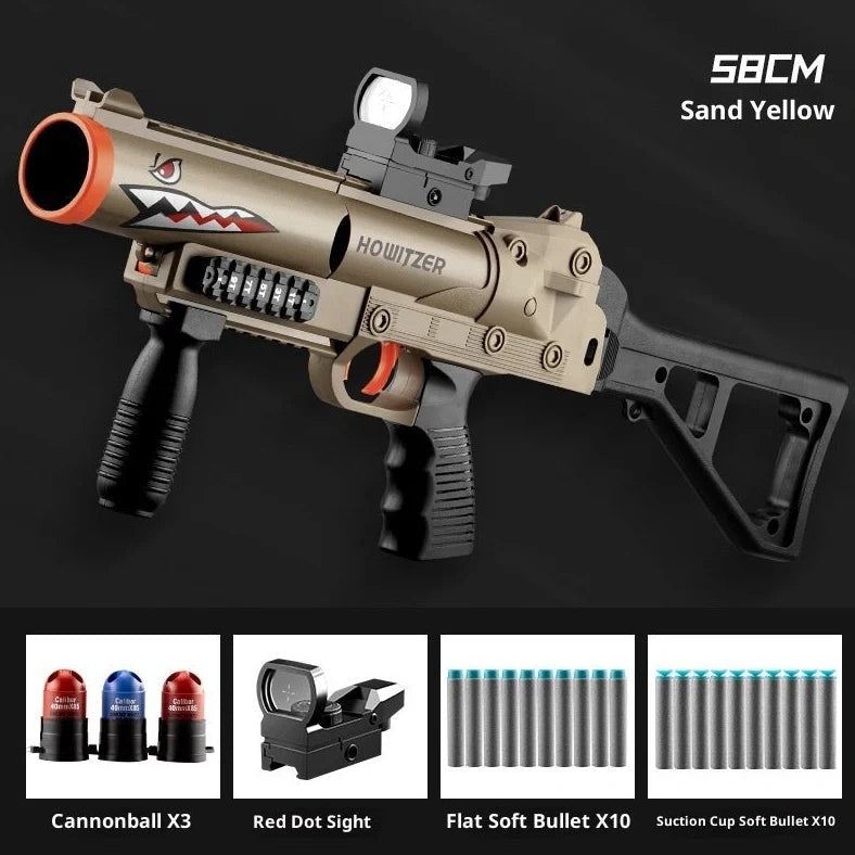 Three-series grenade launcher soft bullet gun in shark sand colour, showing 25cm length and textured grip surface