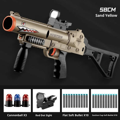 Three-series grenade launcher soft bullet gun in shark sand colour, showing 25cm length and textured grip surface