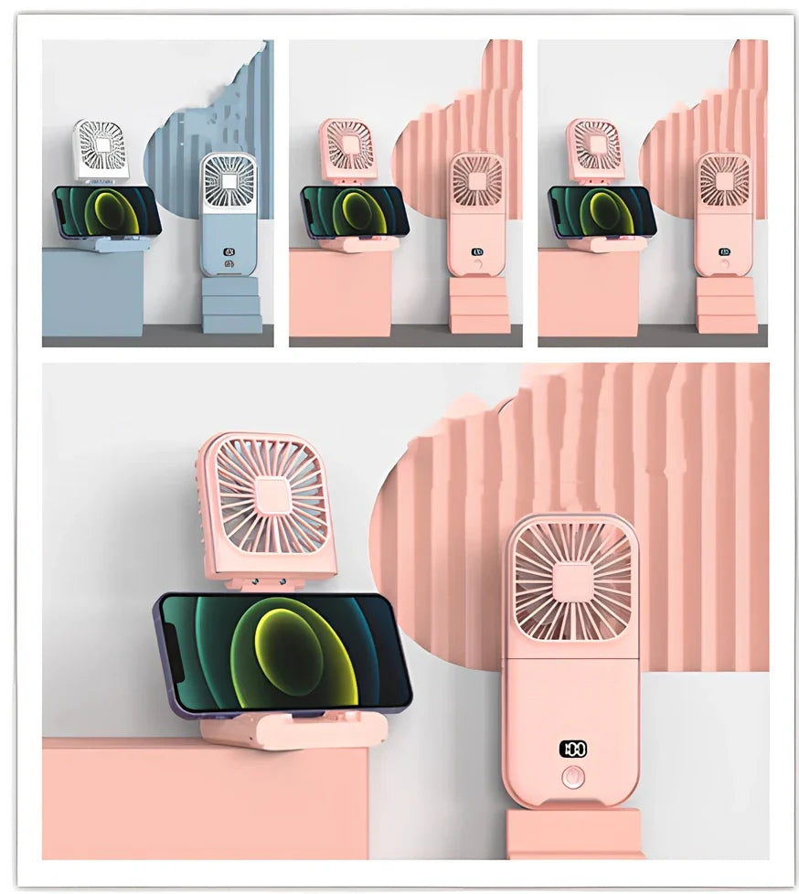 F30Pro folding portable handheld fan in white with digital display, 169x81x20mm size, USB charging, plastic blades for cooling