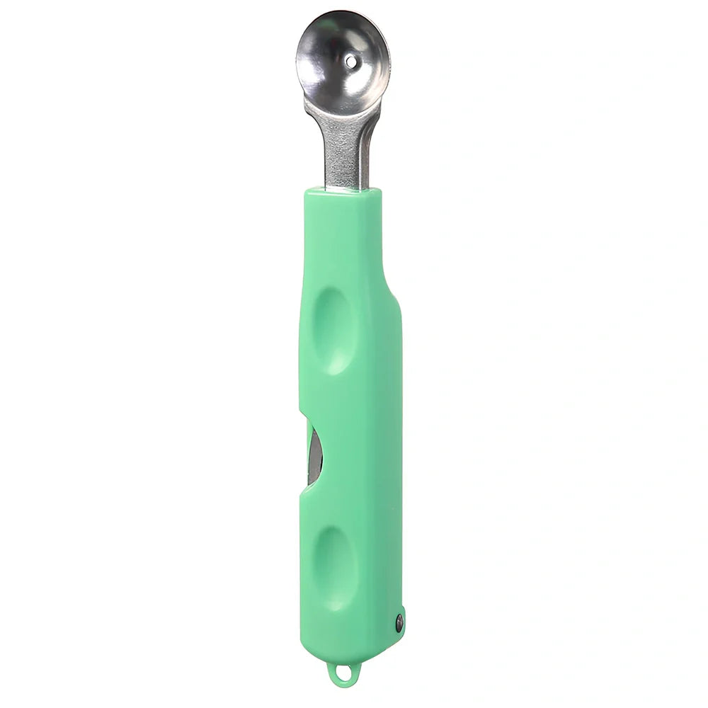 Three-in-one stainless steel watermelon ball digger in grass green, 24cm long with hidden knife and 10cm scoop for fruit slicing