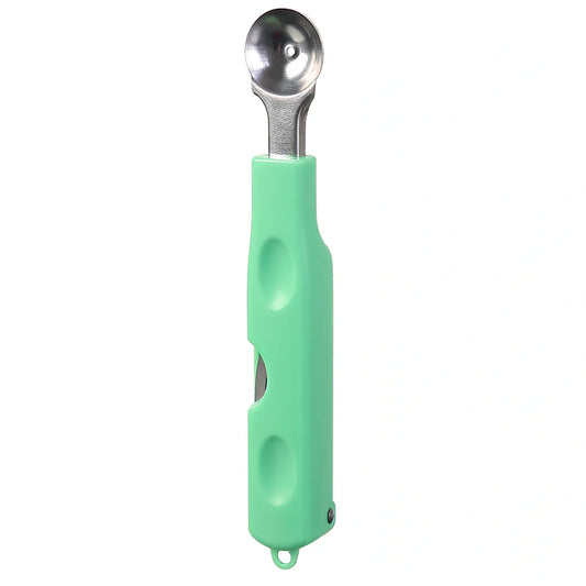 Three-in-one stainless steel watermelon ball digger in grass green, 24cm long with hidden knife and 10cm scoop for fruit slicing