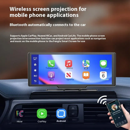 10-inch car smart screen with touchscreen, CarPlay, driving recorder, and navigation system on a dashboard
