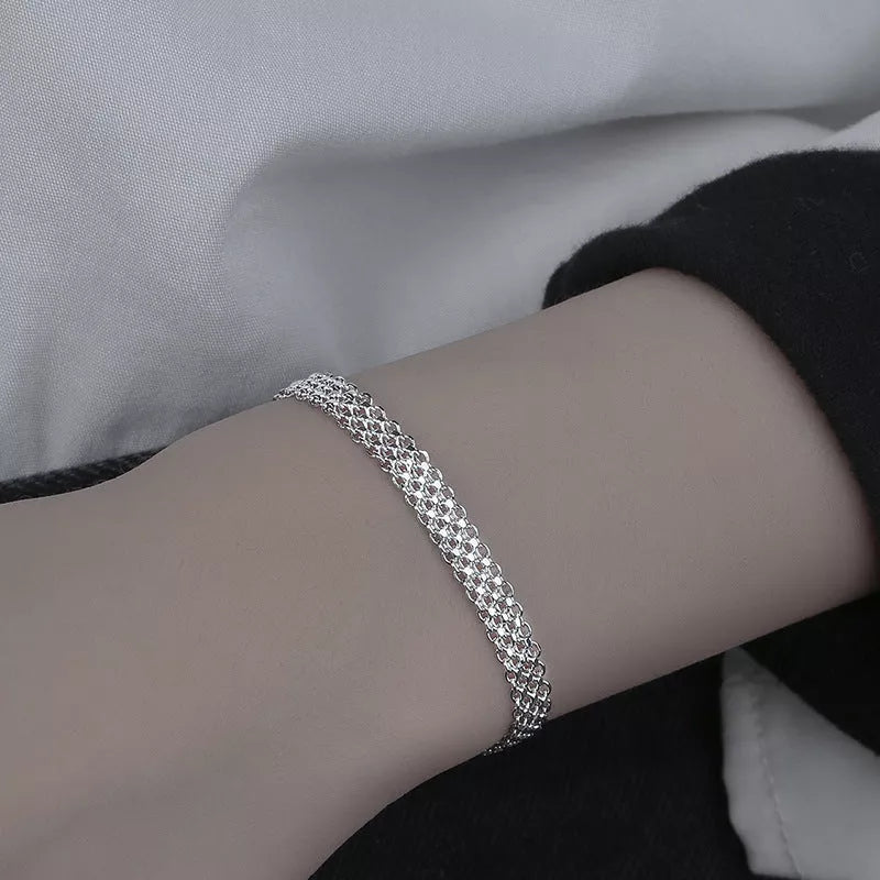 Multi-layer lace woven round beads chain bracelet in white gold color, perfect for women's fashion accessories.